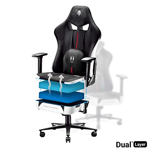 Diablo X-Player Gaming Stuhl Bürostuhl Schreibtischstuhl Stoff 3D Armlehnen Ergonomisches Design Nacken/- Lendenkissen (Weiß-Schwarz, Normal) - 7