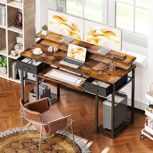 ODK Schreibtisch, Computertisch mit Schubladen, 120x48x90cm Schreibtisch Holz mit Abnehmbarem Regal, Bürotisch mit Tastaturablage und Monitorständer, PC Tisch Gaming Tisch für Home Office, Braun - 2