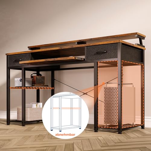 ODK Schreibtisch, Computertisch mit Schubladen, 120x48x90cm Schreibtisch Holz mit Abnehmbarem Regal, Bürotisch mit Tastaturablage und Monitorständer, PC Tisch Gaming Tisch für Home Office, Braun - 4