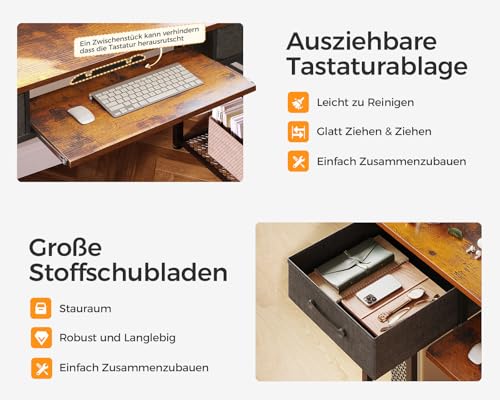 ODK Schreibtisch, Computertisch mit Schubladen, 120x48x90cm Schreibtisch Holz mit Abnehmbarem Regal, Bürotisch mit Tastaturablage und Monitorständer, PC Tisch Gaming Tisch für Home Office, Braun - 5