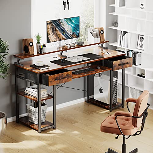 ODK Schreibtisch, Computertisch mit Schubladen, 120x48x90cm Schreibtisch Holz mit Abnehmbarem Regal, Bürotisch mit Tastaturablage und Monitorständer, PC Tisch Gaming Tisch für Home Office, Braun - 6